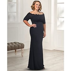 Sheath  Column Mother of the Bride Dress Plus Size Elegant Off Shoulder Floor Length Chiffon Lace Half Sleeve with Appliques 2022 Lightinthebox
