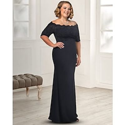 Sheath  Column Mother of the Bride Dress Plus Size Elegant Off Shoulder Floor Length Chiffon Lace Half Sleeve with Appliques 2022 Lightinthebox
