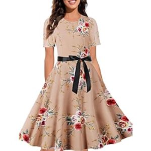 Women's Vintage Elegant Vintage Dress Midi Dress Outdoor Daily Ruched Bow Floral Crewneck Short Sleeve Regular Fit Summer Spring 2023 Lotus Black S M L XL Lightinthebox