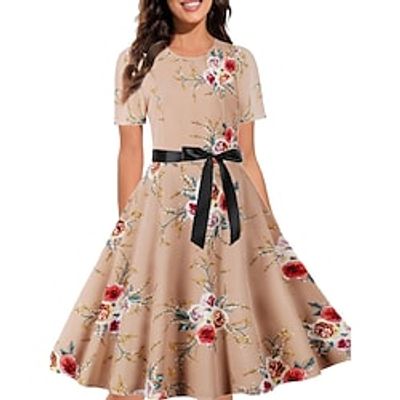 Women's Vintage Elegant Vintage Dress Midi Dress Outdoor Daily Ruched Bow Floral Crewneck Short Sleeve Regular Fit Summer Spring 2023 Lotus Black S M L XL Lightinthebox