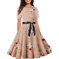 Women's Vintage Elegant Vintage Dress Midi Dress Outdoor Daily Ruched Bow Floral Crewneck Short Sleeve Regular Fit Summer Spring 2023 Lotus Black S M L XL Lightinthebox - thumbnail