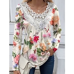 Women's Shirt Blouse Floral Black White Pink Print Lace Patchwork Long Sleeve Casual Fashion Round Neck Regular Fit Spring   Fall Lightinthebox