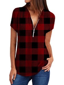 V Neck Zips Plaid Short Sleeve Blouse