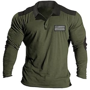 Men's Button Up Polos Polo Shirt Casual Sports Lapel Long Sleeve Fashion Basic Color Block National Flag Patchwork Embroidered Spring   Fall Regular Fit Black White Army Green Khaki Button Up Polos Lightinthebox