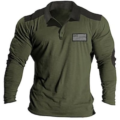 Men's Button Up Polos Polo Shirt Casual Sports Lapel Long Sleeve Fashion Basic Color Block National Flag Patchwork Embroidered Spring   Fall Regular Fit Black White Army Green Khaki Button Up Polos Lightinthebox