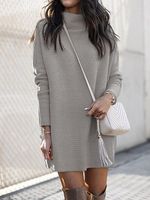 Round Neck Solid Color Knitted Long-sleeved Dress