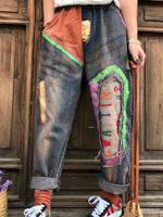 Letter Patchwork Women Ripped Jeans - thumbnail