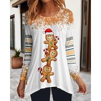 Women's T shirt Tee Christmas Shirt Yellow Pink Blue Graphic Flowing tunic Print Long Sleeve Christmas Weekend Festival  Holiday Round Neck Regular Fit Painting Spring   Fall Lightinthebox - thumbnail
