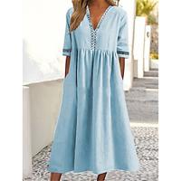 Women's Casual Dress Cotton Linen Dress Midi Dress Pocket Eyelet Basic Daily V Neck Half Sleeve Summer Spring White Pink Plain Lightinthebox