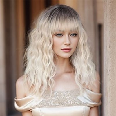 Short Platinum Blonde Wig for Women 14Inch Platinum Ombre Blonde Wig with Bangs Natural Synthetic Platinum Blonde Wavy Wig for Cosplay Halloween Daily miniinthebox