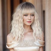 Short Platinum Blonde Wig for Women 14Inch Platinum Ombre Blonde Wig with Bangs Natural Synthetic Platinum Blonde Wavy Wig for Cosplay Halloween Daily miniinthebox - thumbnail