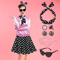 1950s Pink Satin Jacket with Polka Dot Long Skirt Halloween Cosplay Costume Set 50s Lady's Pink Grease Jacket Lightinthebox