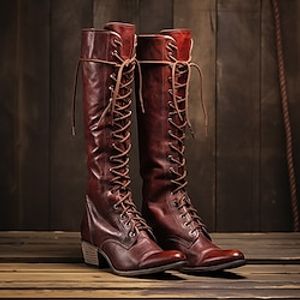 Women's Boots Cowboy Boots Combat Boots Lace Up Boots Outdoor Daily Knee High Boots Lace-up Block Heel Round Toe Punk Vacation Vintage Faux Leather Lace-up Wine Brown miniinthebox