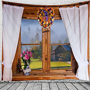 Window Landscape Wall Tapestry Art Decor Blanket Curtain Hanging Home Bedroom Living Room Decoration Foggy Forest Tree miniinthebox