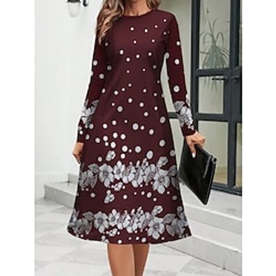 Women's Work Dress Semi Formal Dress A Line Dress Fashion Winter Dress Office Daily Midi Dress Print Crew Neck Long Sleeve Floral Regular Fit Black Fuchsia Green Fall Winter S M L XL XXL Lightinthebox