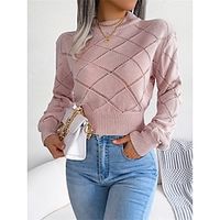 Women's Pullover Sweater Jumper Crew Neck Ribbed Knit Acrylic Knitted Fall Winter Short Outdoor Daily Going out Stylish Casual Soft Long Sleeve Solid Color White Pink Khaki S M L Lightinthebox - thumbnail