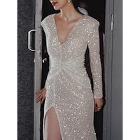Sheath  Column Prom Dresses Sparkle  Shine Dress Wedding Party Black Tie Floor Length Long Sleeve V Neck Sequined Backless with Glitter Ruched Slit 2023 Lightinthebox - thumbnail