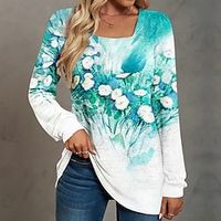 Women's T shirt Tee Green Floral Print Long Sleeve Holiday Weekend Fashion Square Neck Regular Fit Floral Painting Spring   Fall miniinthebox - thumbnail