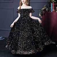 Princess Floor Length Flower Girl Dresses Wedding Sequined Short Sleeve Jewel Neck with Pleats Lightinthebox - thumbnail