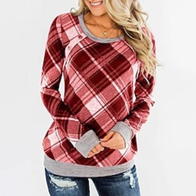 Women's T shirt Tee Red Coffee Gray Plaid Print Long Sleeve Daily Weekend Basic Round Neck Regular Painting S Lightinthebox