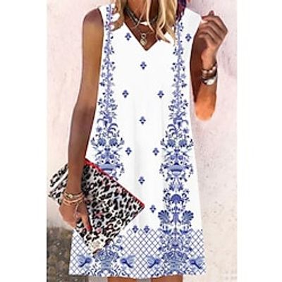 Women's Shift Dress Short Mini Dress Blue Navy Blue Sleeveless Floral Print Spring Summer V Neck Casual Vacation 2022 S M L XL XXL 3XL miniinthebox