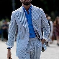 Light Blue Men's Seersucker Wedding Suits Spring Summer Suits Striped 2 Piece Casual Plus Size Double Breasted Six-Buttons 2023 miniinthebox