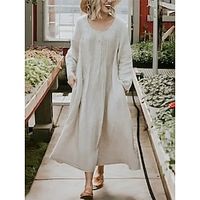 Women's Casual Dress Cotton Linen Dress Swing Dress Maxi long Dress Linen Cotton Blend Basic Casual Daily Date Weekend Crew Neck Pocket Long Sleeve Summer Spring 2023 Loose Fit Gray Plain S M L XL 2XL Lightinthebox - thumbnail