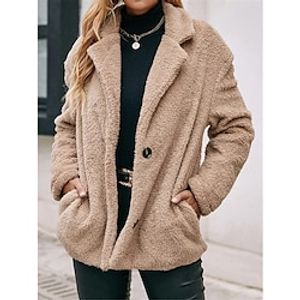 Women's Teddy Coat Fleece Sherpa Jacket Thermal Warm Winter Coat Single Breasted Lapel Heated Jacket Outerwear Long Sleeve Fall Khaki Lightinthebox