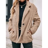 Women's Teddy Coat Fleece Sherpa Jacket Thermal Warm Winter Coat Single Breasted Lapel Heated Jacket Outerwear Long Sleeve Fall Khaki Lightinthebox - thumbnail