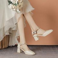 Women's Heels Wedding Shoes Slip-Ons Dress Shoes Ankle Strap Heels Wedding Daily Bridal Shoes Imitation Pearl Ribbon Tie Chunky Heel Square Toe Preppy Minimalism PU Ankle Strap Beige Lightinthebox