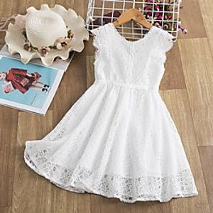 Kids Little Girls' Dress Solid Colored Lace Trims Print White Knee-length Sleeveless Active Dresses Summer Regular Fit 5-12 Years miniinthebox