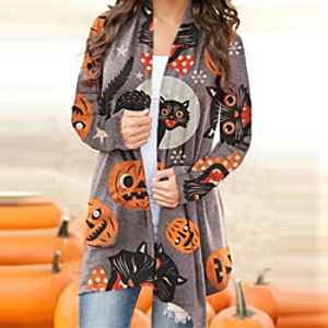 Women's Coat Halloween Street Daily Fall Winter Regular Coat V Neck Regular Fit Warm Breathable Casual Jacket Long Sleeve Animal Patterned Print Dark Grey Yellow Gray / Going out / Cotton miniinthebox