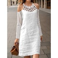 Women's Casual Dress Cotton Linen Dress White Dress Mini Dress Linen Cotton Blend Basic Casual Daily Date Weekend Spaghetti Strap Hollow Out Cold Shoulder Long Sleeve Summer Spring 2023 Loose Fit Lightinthebox - thumbnail