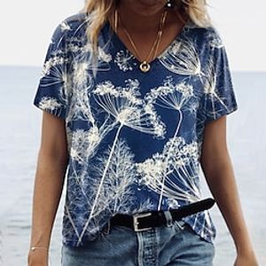 Women's T shirt Tee Floral Casual Holiday Weekend Floral Painting T shirt Tee Short Sleeve Print V Neck Basic Essential Green Blue Purple S / 3D Print miniinthebox