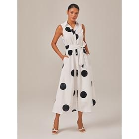 Polka Dot Sleeveless Tie Belt Maxi Dress