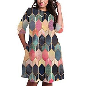 Women's Plus Size Dress A Line Dress Knee Length Dress 34 Length Sleeve Graphic Geometry Print Casual Fall Spring  Summer Blushing Pink XL XXL 3XL 4XL 5XL Lightinthebox
