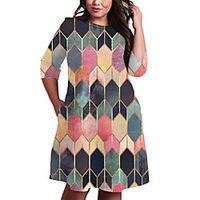 Women's Plus Size Dress A Line Dress Knee Length Dress 34 Length Sleeve Graphic Geometry Print Casual Fall Spring  Summer Blushing Pink XL XXL 3XL 4XL 5XL Lightinthebox - thumbnail