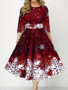 Fashion Vintage Christmas Snowflake Print Midi Dress