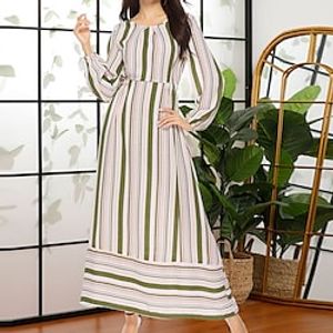 Women's A Line Dress Maxi long Dress Beige Long Sleeve Striped Print Fall Winter Round Neck Casual Vintage 2022 M L XL XXL miniinthebox