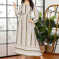 Women's A Line Dress Maxi long Dress Beige Long Sleeve Striped Print Fall Winter Round Neck Casual Vintage 2022 M L XL XXL miniinthebox - thumbnail