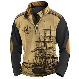 Men's Sweatshirt Zip Sweatshirt Pullover Daily Classic Casual Ship Graphic Prints Sweatshirts Light Brown Black Brown Designer Holiday Going out Streetwear Quarter Zip 3D Print Print Spring   Fall Lightinthebox