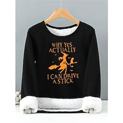 Women's Halloween Sweatshirt Pullover Fleece Fuzzy Teddy Black Letter Witch Party Christmas Round Neck Long Sleeve Top Micro-elastic Fall  Winter Lightinthebox