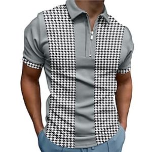 Men's Golf Shirt 3D Print Striped Houndstooth Graphic Patterned Turndown Street Casual Zipper Print Short Sleeves Tops Casual Fashion Classic Breathable White Black Gray  Summer Lightinthebox