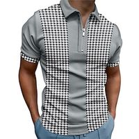 Men's Golf Shirt 3D Print Striped Houndstooth Graphic Patterned Turndown Street Casual Zipper Print Short Sleeves Tops Casual Fashion Classic Breathable White Black Gray  Summer Lightinthebox - thumbnail