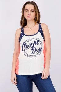 Womens Sleeveless Graphic Top  White/Navy/Orange