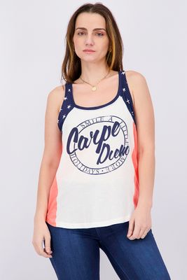 Womens Sleeveless Graphic Top  White/Navy/Orange