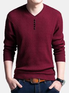 Mens Fall Winter Fashion knitted V Neck Buttons Long Sleeve Casual Sweater
