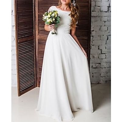 Beach Little White Dresses Wedding Dresses A-Line Scoop Neck Short Sleeve Floor Length Chiffon Bridal Gowns With Pleats Solid Color 2023 Lightinthebox