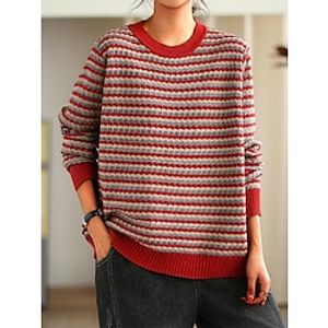 Women's Pullover Sweater Jumper Crew Neck Ribbed Knit Polyester Stripe Knitted Fall Winter Regular Outdoor Daily Going out Fashion Streetwear Casual Long Sleeve Striped Black Yellow Red One-Size Lightinthebox