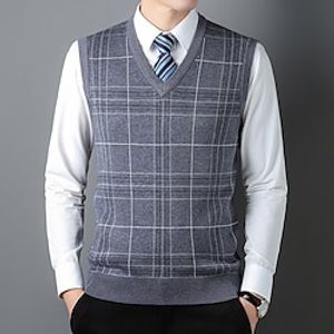 Men's Sweater Vest Knitwear Ribbed Knit Knitted Print Plaid  Check V Neck Fashion Streetwear Daily Wear Vacation Clothing Apparel Fall  Winter Black Dark Navy M L XL Lightinthebox